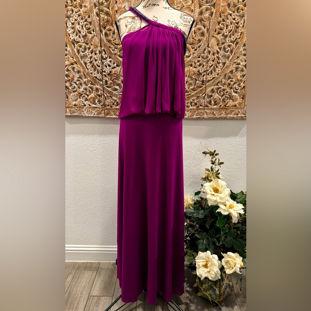 Bel Kazan Fuchsia One Beaded Strap & Trim, Chiffon Overlay, Rayon/Spandex Maxi